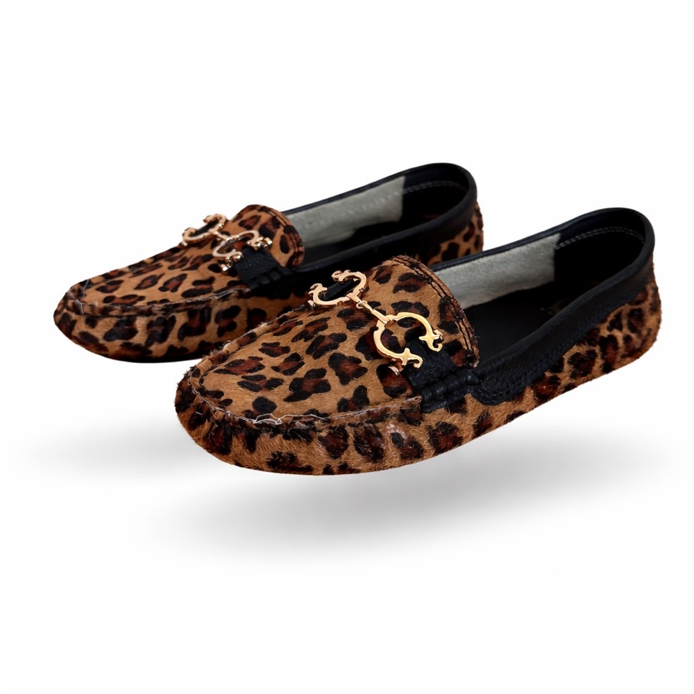 C. Wonder Leopard Print Moccasin Flats with Gold Horsebit